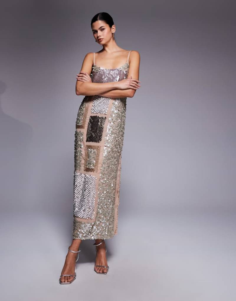 ASOS DESIGN - Halbtransparentes Camisole-Midikleid in Beige mit verschiedenen Verzierungen-Weiß von ASOS DESIGN