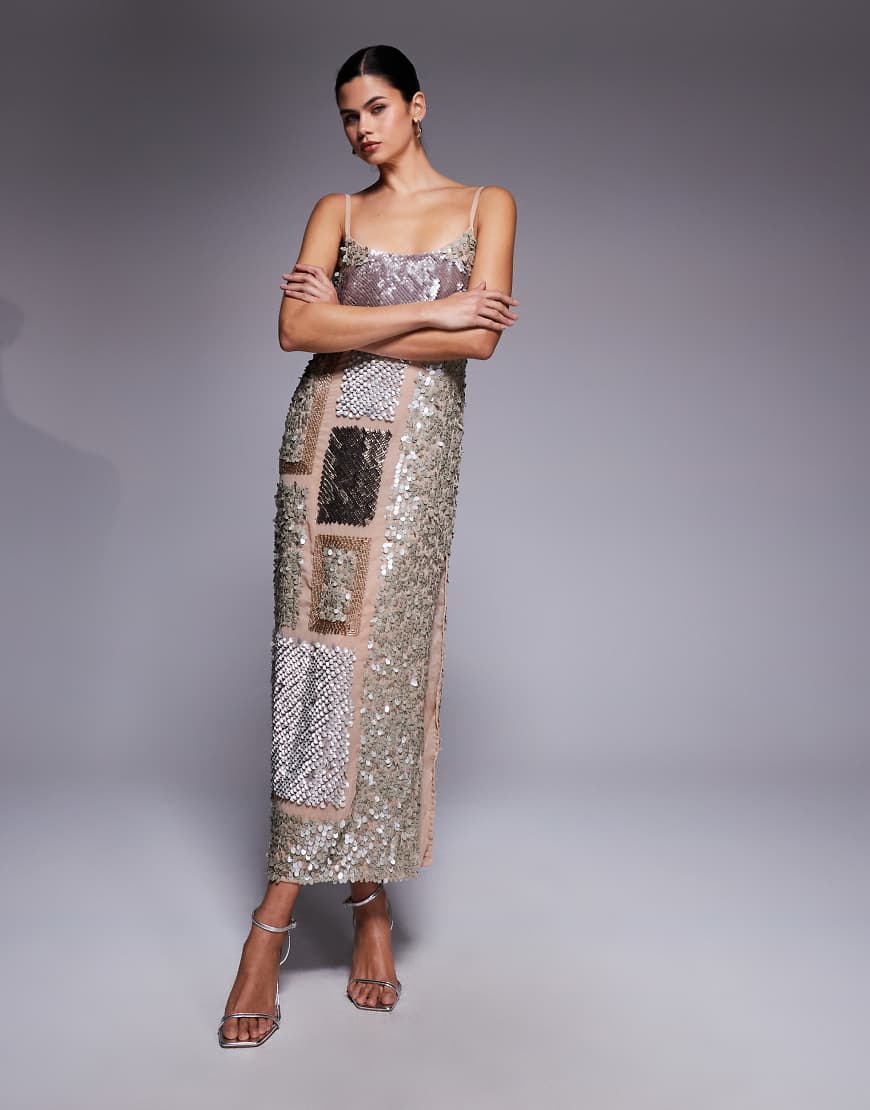 ASOS DESIGN - Halbtransparentes Camisole-Midikleid in Beige mit verschiedenen Verzierungen-Weiß von ASOS DESIGN