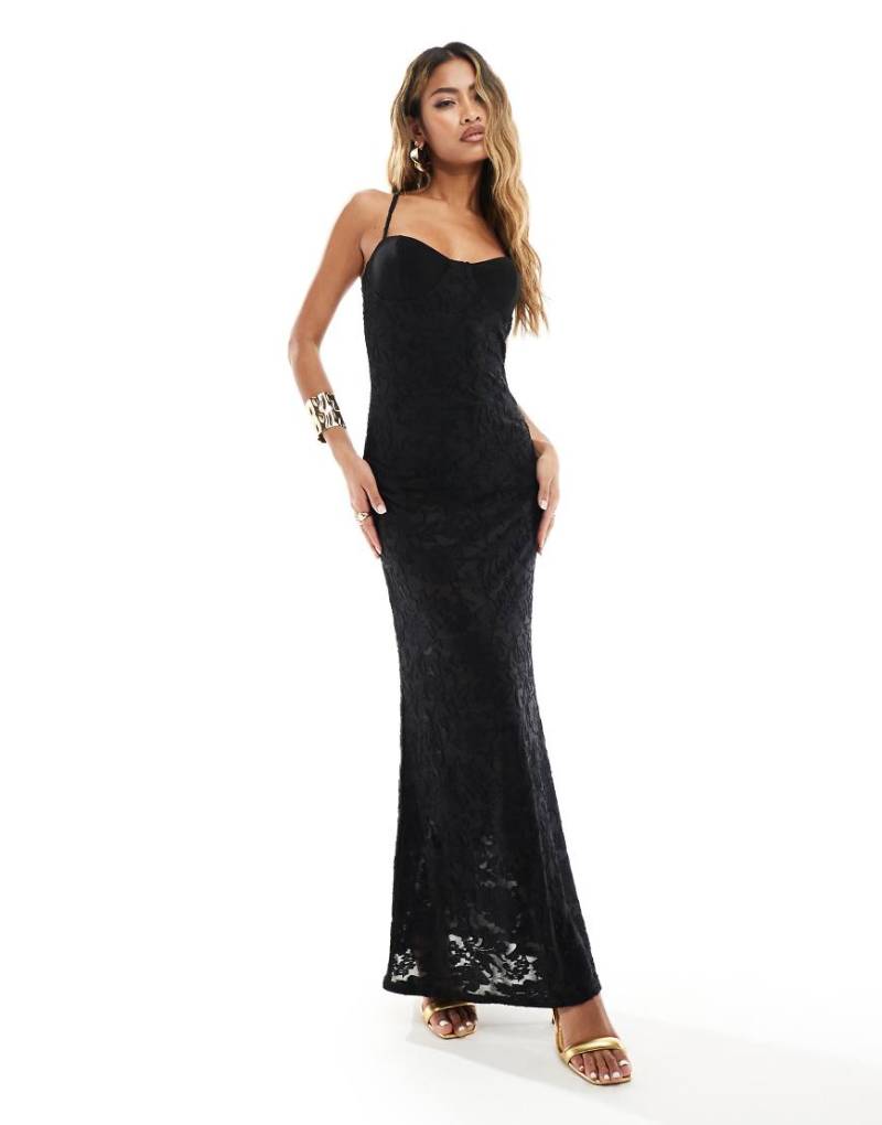 ASOS DESIGN - Halbtransparentes Maxikleid in Schwarz mit Körbchen, Riemchenträgern und Ausbrennermuster von ASOS DESIGN