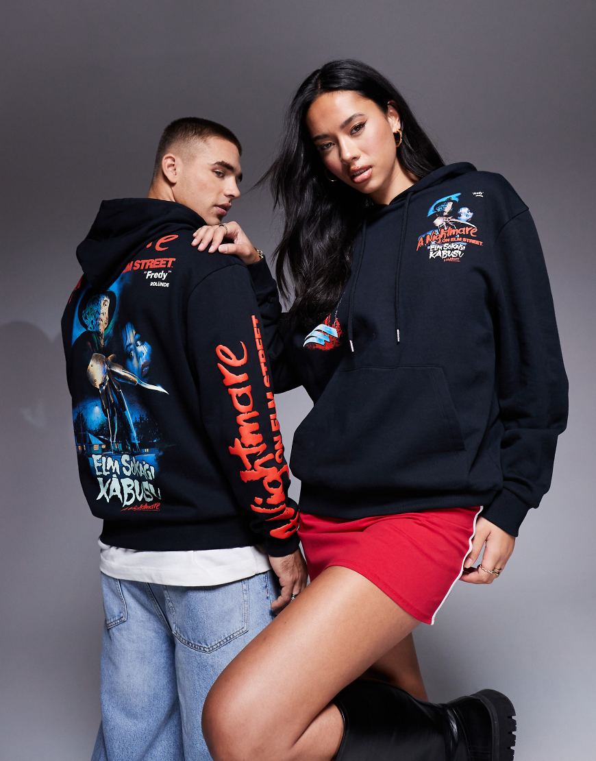 ASOS DESIGN - Halloween - Unisex-Kapuzenpullover in Schwarz mit Oversize-Schnitt und „Nightmare on Elm Street"-Schaumdruck von ASOS DESIGN