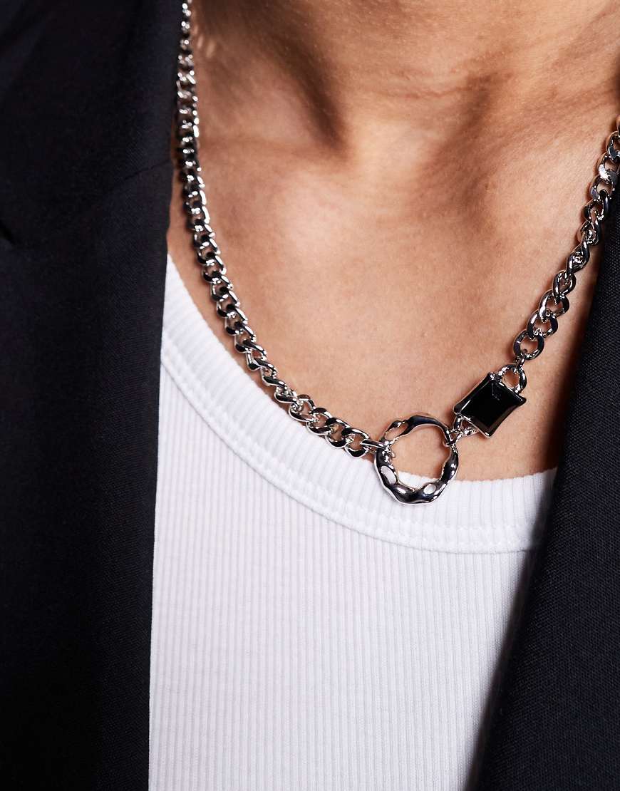 ASOS DESIGN - Silberfarbene Halskette im Gliederdesign mit schwarzem Anhänger von ASOS DESIGN