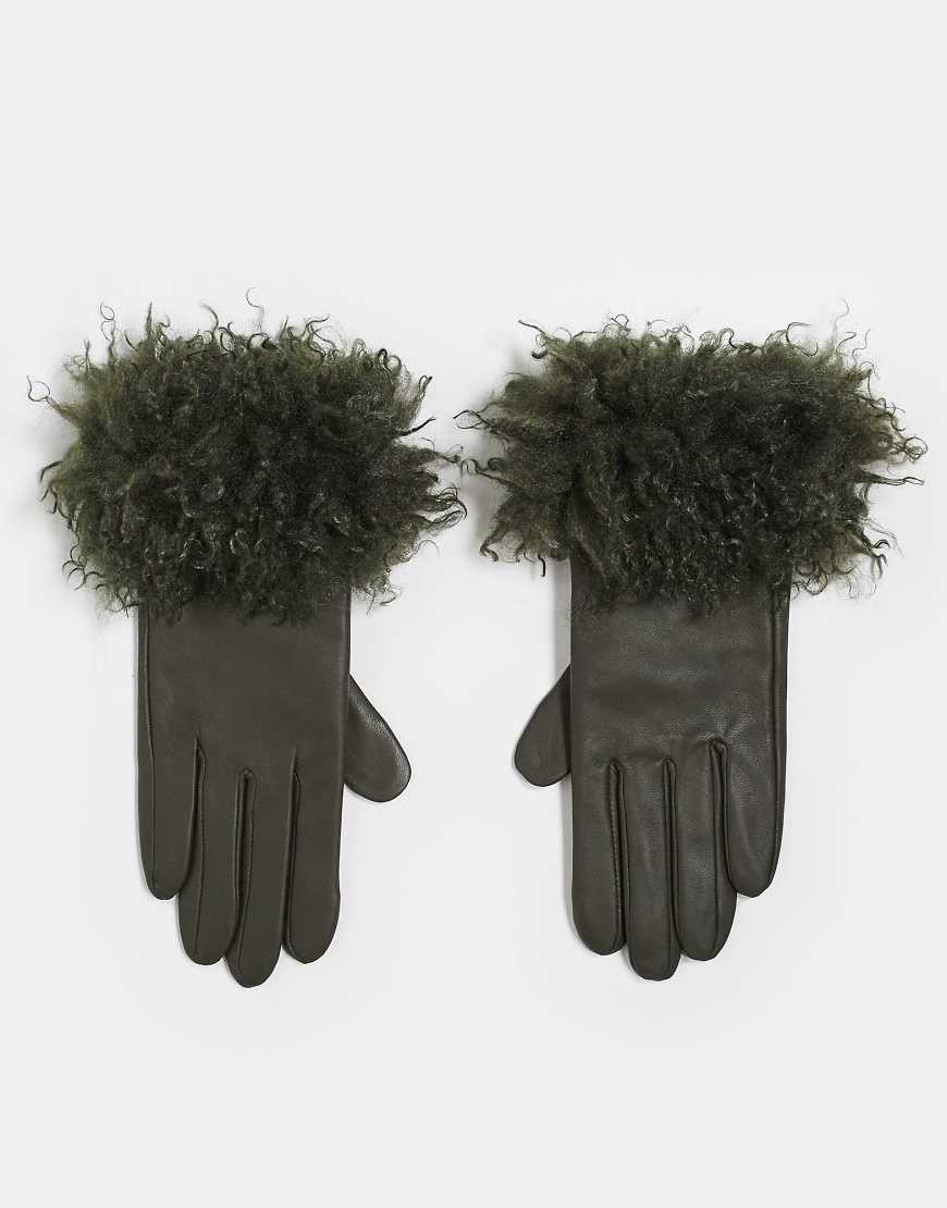 ASOS DESIGN - Handschuhe aus Leder in Grün mit Besatz aus mongolischem Kunstfell ASOS DESIGN - Handschuhe aus Leder in Grün mit Besatz aus mongolischem Kunstfell von ASOS DESIGN