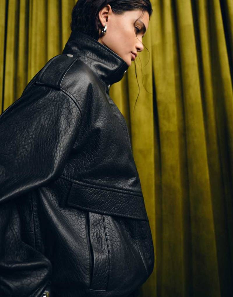 ASOS DESIGN - Harrington-Bomberjacke aus echtem Büffelleder in Schwarz mit Steppfutter von ASOS DESIGN