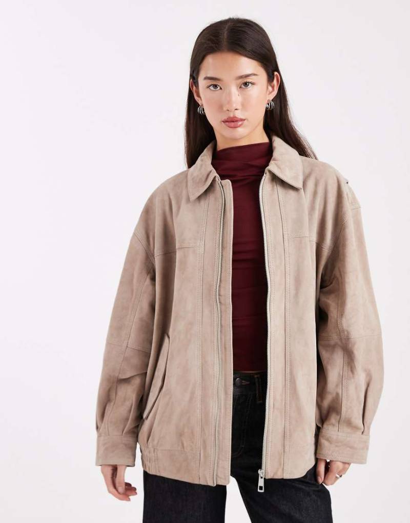 ASOS DESIGN - Harrington-Bomberjacke aus echtem Wildleder in Grau-Neutral von ASOS DESIGN