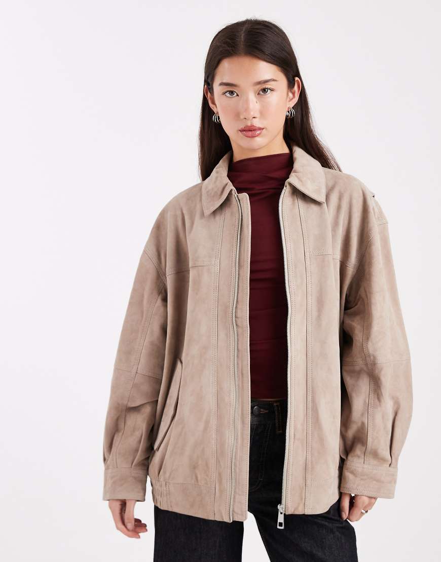 ASOS DESIGN - Harrington-Bomberjacke aus echtem Wildleder in Grau-Neutral von ASOS DESIGN