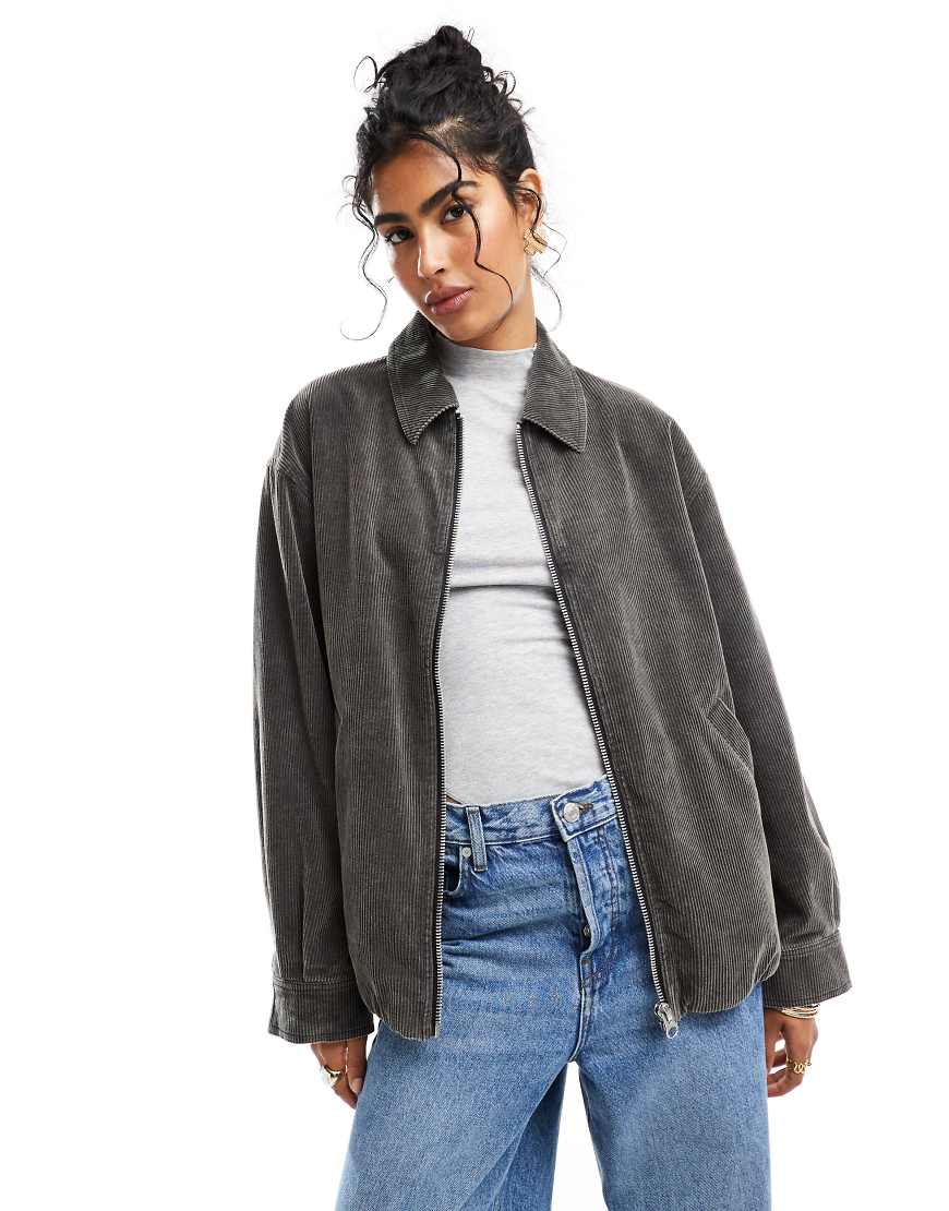 ASOS DESIGN - Harrington-Jacke aus Cord in verwaschenem Anthrazit-Grau ASOS DESIGN - Harrington-Jacke aus Cord in verwaschenem Anthrazit-Grau von ASOS DESIGN