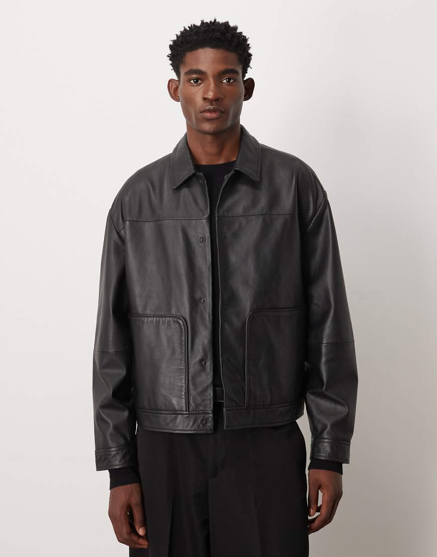 ASOS DESIGN - Harrington-Jacke aus Echtleder in Schwarz von ASOS DESIGN