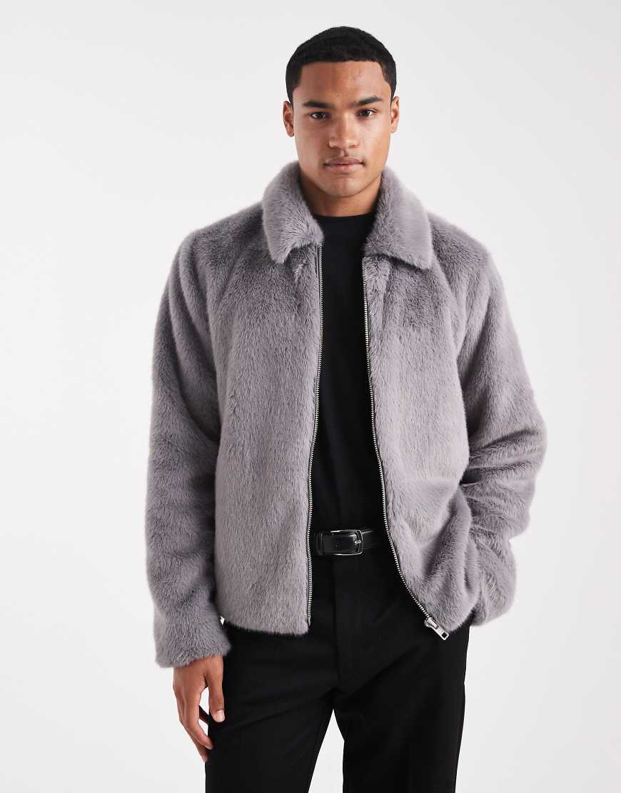 ASOS DESIGN - Harrington-Jacke aus Kunstpelz in Grau mit regulärer Passform von ASOS DESIGN