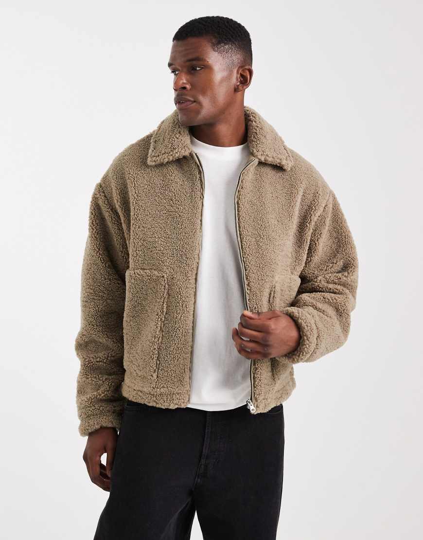 ASOS DESIGN - Harrington-Jacke aus Teddyfell in Steinbeige-Grün von ASOS DESIGN