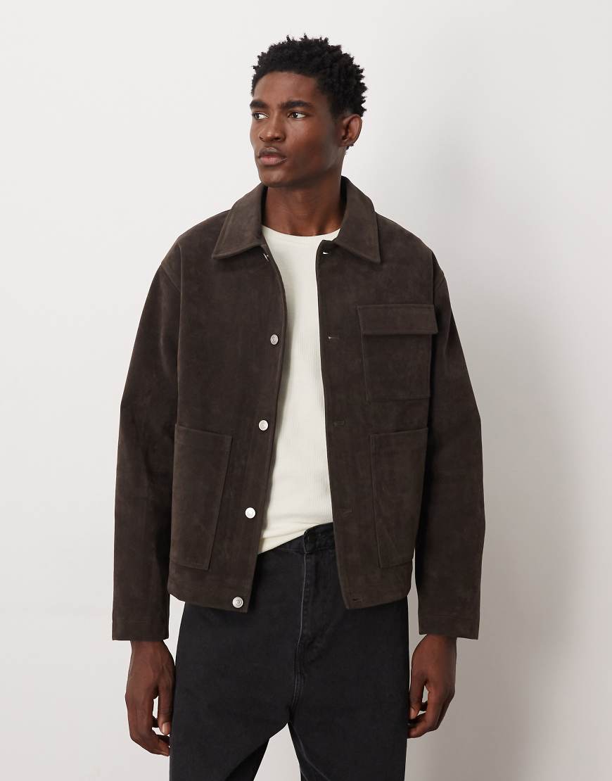ASOS DESIGN - Harrington-Jacke aus Wildlederimitat in Braun-Schwarz von ASOS DESIGN