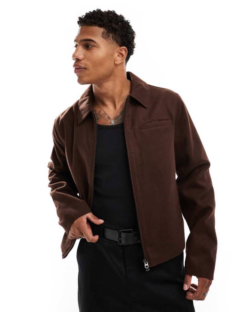 ASOS DESIGN - Harrington-Jacke aus Wollimitat in Braun-Rot von ASOS DESIGN