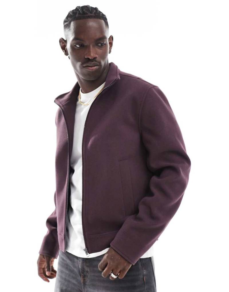 ASOS DESIGN - Harrington-Jacke aus Wollimitat in Burgunderrot mit Stehkragen von ASOS DESIGN