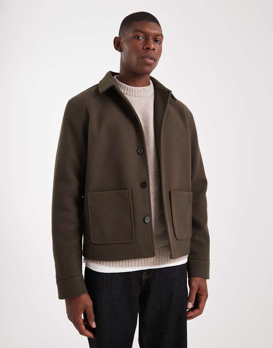 ASOS DESIGN - Harrington-Jacke aus Wollimitat in Khaki-Grün von ASOS DESIGN