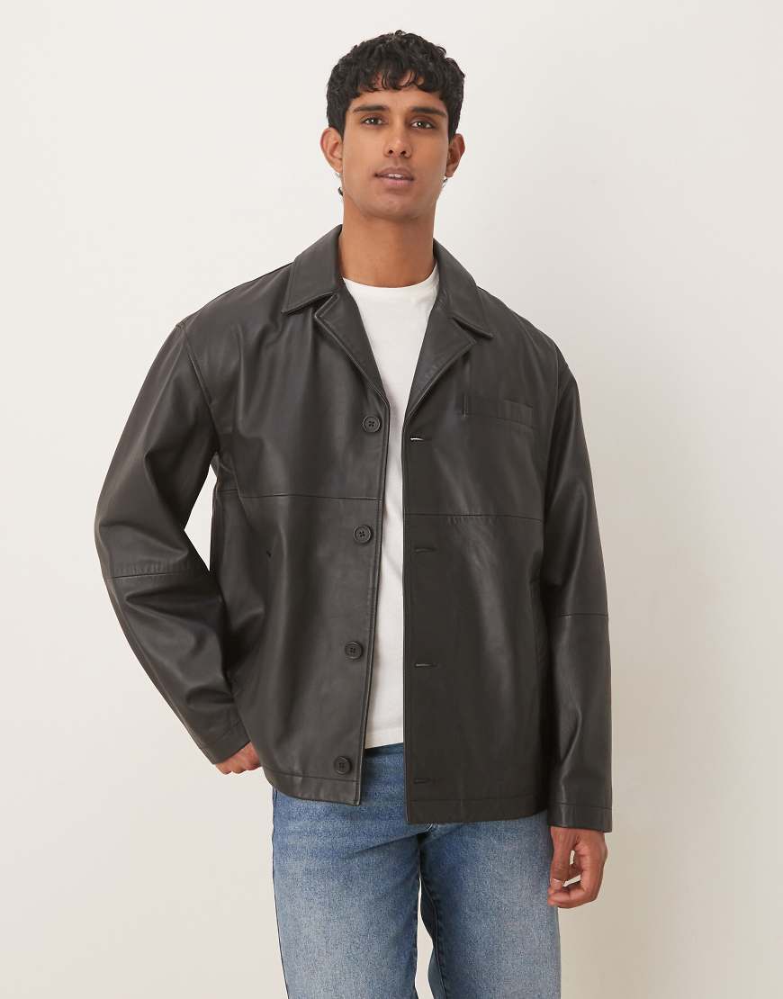 ASOS DESIGN - Harrington-Jacke aus echtem Leder in Schwarz von ASOS DESIGN