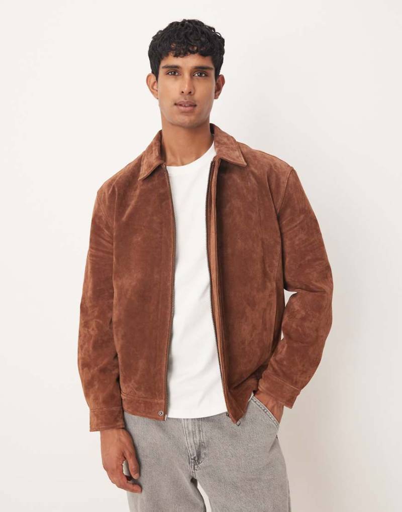 ASOS DESIGN - Harrington-Jacke aus echtem Wildleder in Braun-Neutral von ASOS DESIGN