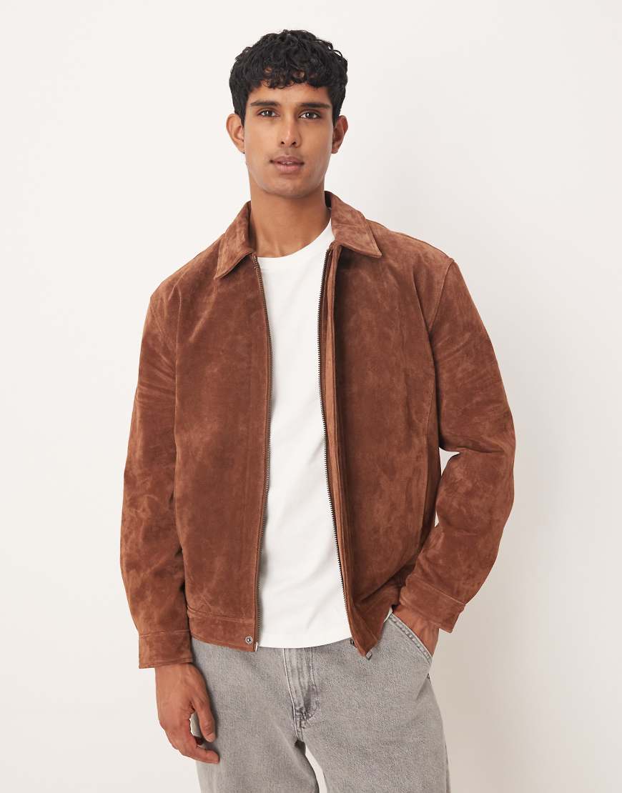 ASOS DESIGN - Harrington-Jacke aus echtem Wildleder in Braun-Neutral von ASOS DESIGN