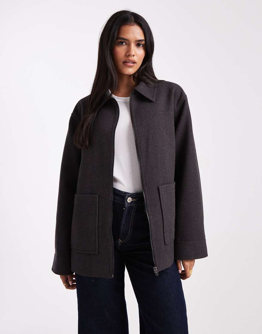 ASOS DESIGN - Harrington-Jacke in Anthrazit mit spitzem Kragen-Schwarz von ASOS DESIGN