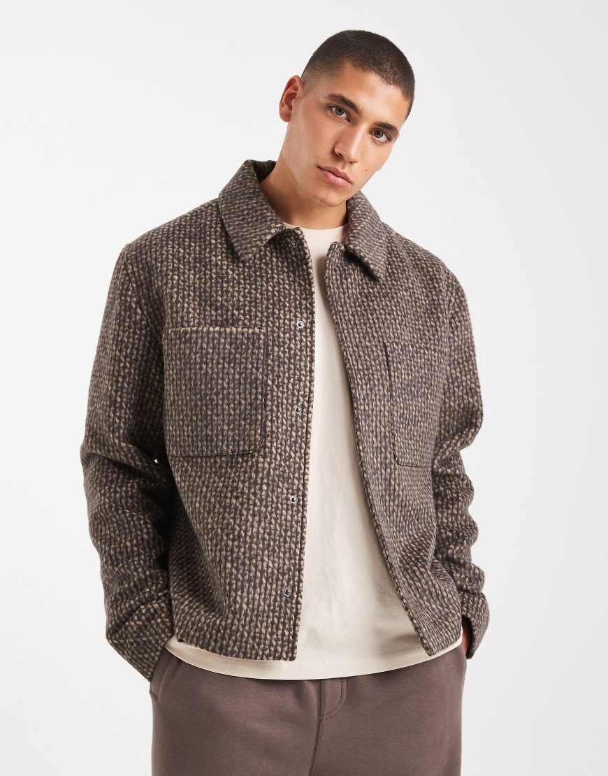 ASOS DESIGN - Harrington-Jacke in Braun mit Fischgrätmuster und Wolloptik-Brown von ASOS DESIGN