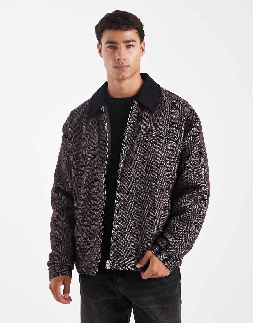 ASOS DESIGN - Harrington-Jacke in Burgunderrot mit Fischgrätmuster von ASOS DESIGN