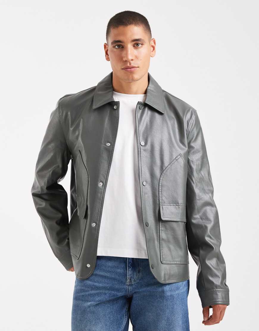 ASOS DESIGN - Harrington-Jacke in Grau aus Kunstleder-Grün von ASOS DESIGN