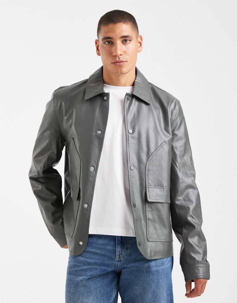 ASOS DESIGN - Harrington-Jacke in Grau aus Kunstleder-Grün von ASOS DESIGN