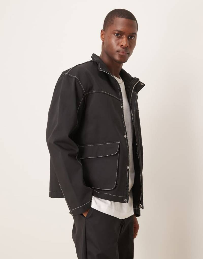 ASOS DESIGN - Harrington-Jacke in Schwarz mit abgesetzten Ziernähten-Marineblau von ASOS DESIGN