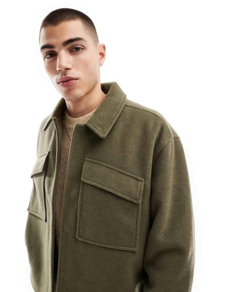 ASOS DESIGN - Harrington-Jacke in Woll-Optik in Khaki mit Oversize-Passform-Grün von ASOS DESIGN