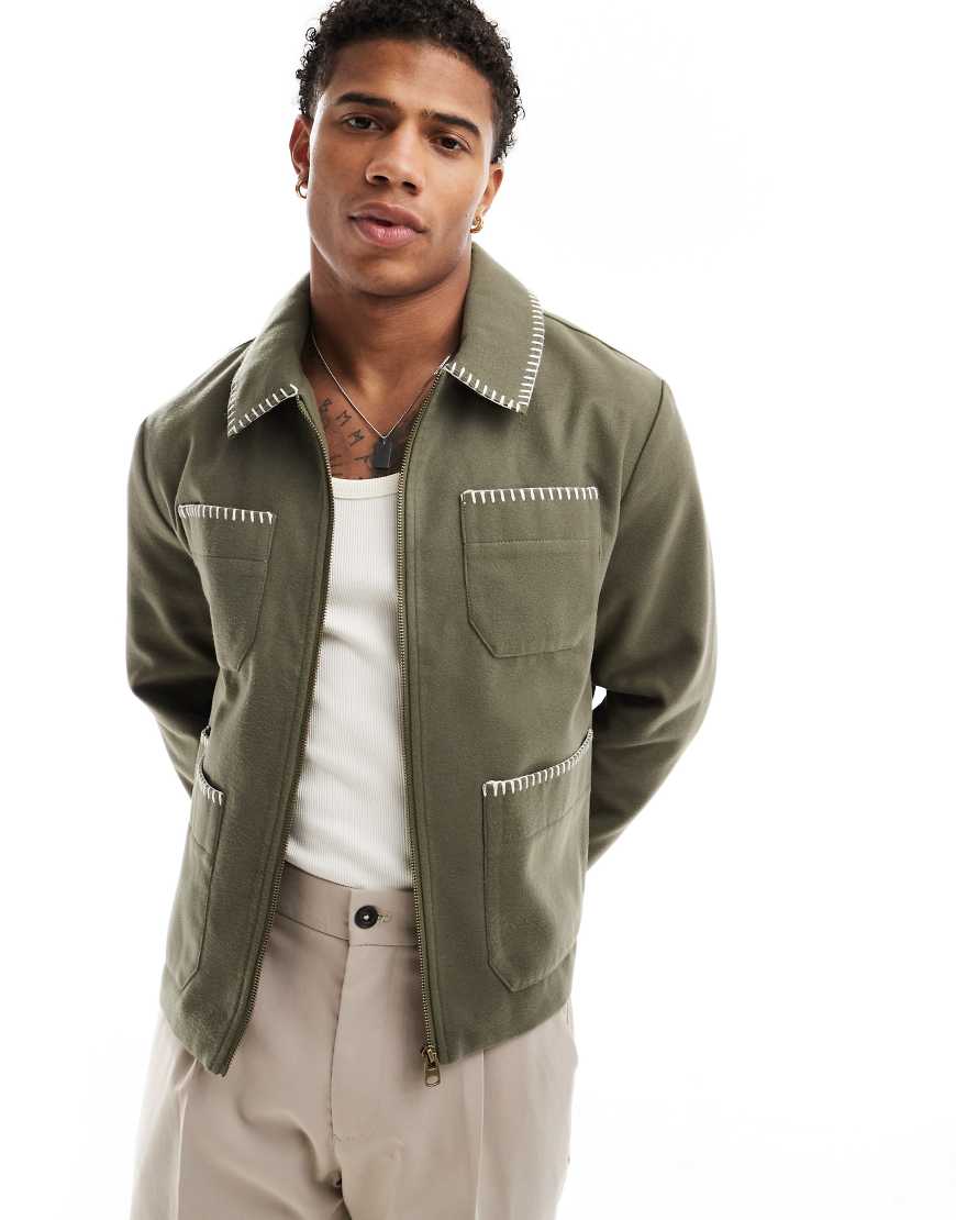 ASOS DESIGN - Harrington-Jacke in Wolloptik in Khaki mit Saumstich-Grün von ASOS DESIGN