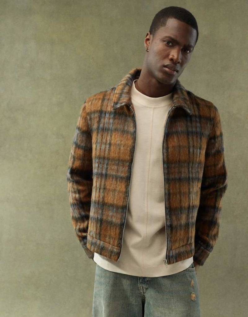 ASOS DESIGN - Harrington-Jacke in Wolloptik in kariertem Braun von ASOS DESIGN