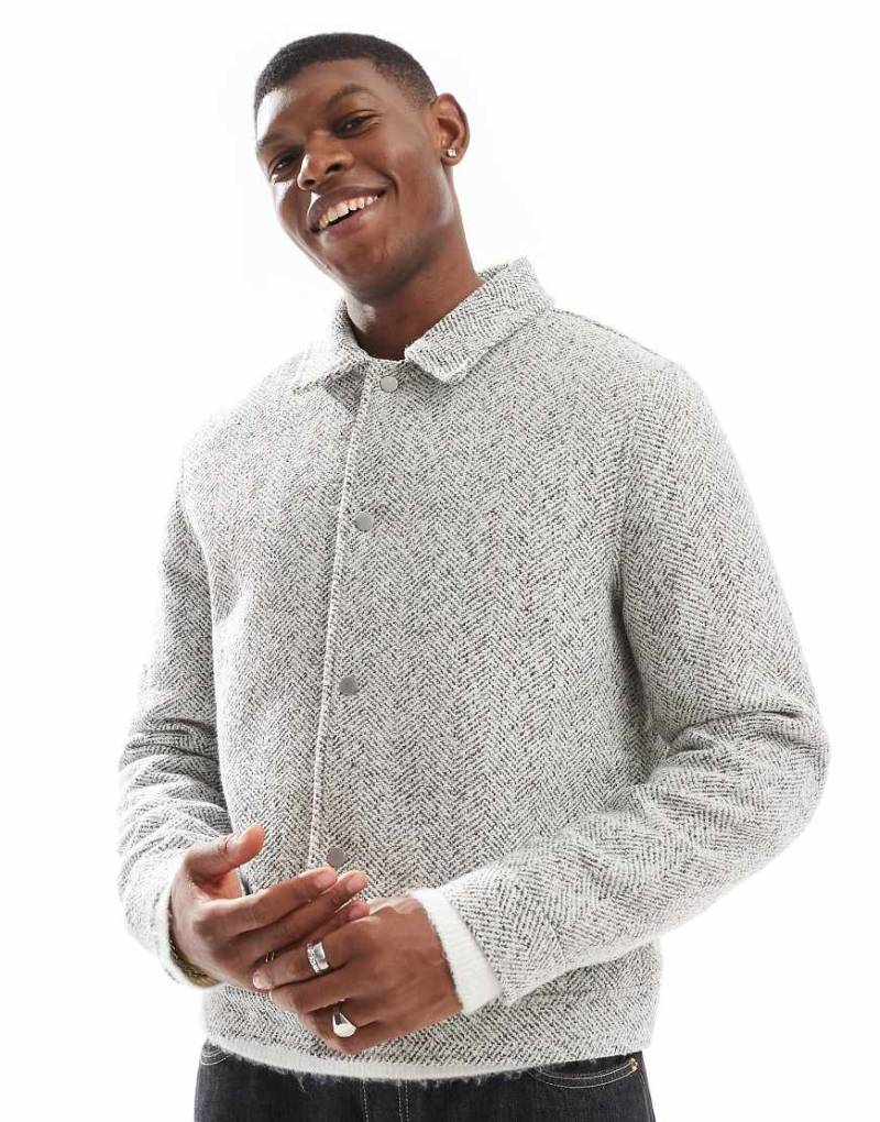 ASOS DESIGN - Harrington-Jacke in Wolloptik mit Fischgrätmuster in Neutral von ASOS DESIGN