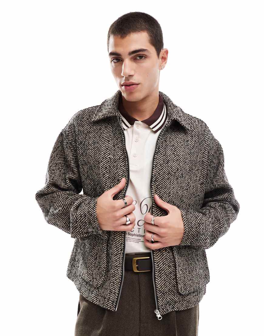 ASOS DESIGN - Harrington-Jacke in braun melierter Woll-Optik mit Oversize-Schnitt-Schwarz von ASOS DESIGN