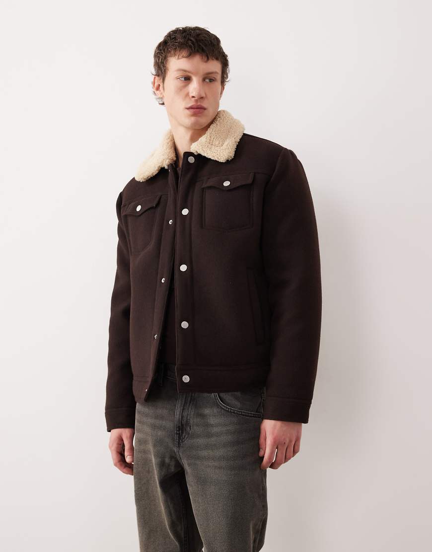 ASOS DESIGN - Harrington-Jacke in brauner Wolloptik mit Teddyfell-Futter im Relaxed-Fit-Brown von ASOS DESIGN