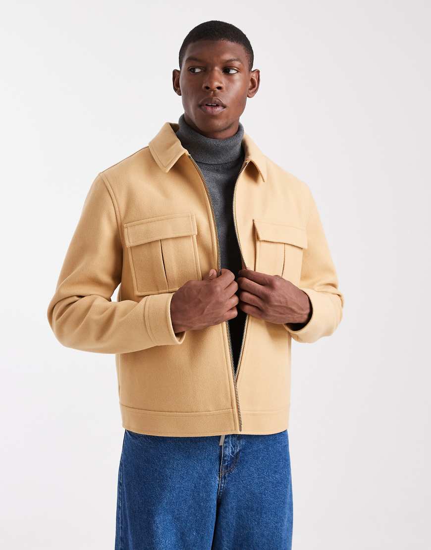 ASOS DESIGN - Harrington-Jacke in camelfarbener Wolloptik mit gefalteten Taschen-Neutral von ASOS DESIGN