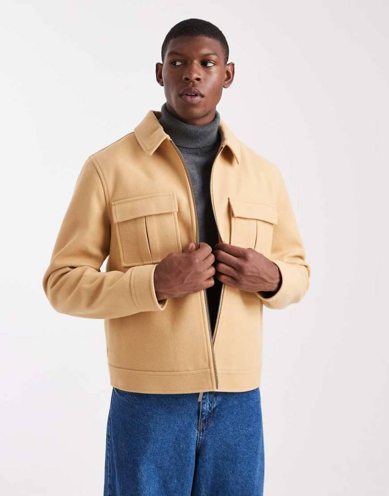 ASOS DESIGN - Harrington-Jacke in camelfarbener Wolloptik mit gefalteten Taschen-Neutral von ASOS DESIGN
