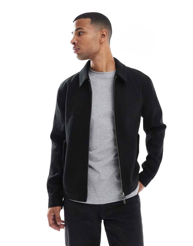 ASOS DESIGN - Harrington-Jacke in schwarzer Wolloptik von ASOS DESIGN
