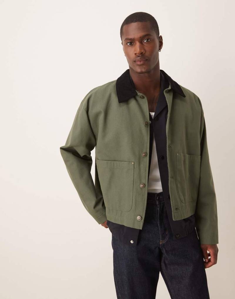 ASOS DESIGN - Harrington-Jacke in verwaschenem Khaki mit Cord-Kragen-Grün von ASOS DESIGN