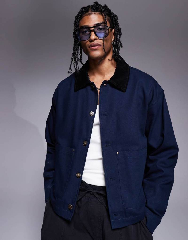 ASOS DESIGN - Harrington-Jacke in verwaschenem Marineblau mit Cord-Kragen von ASOS DESIGN