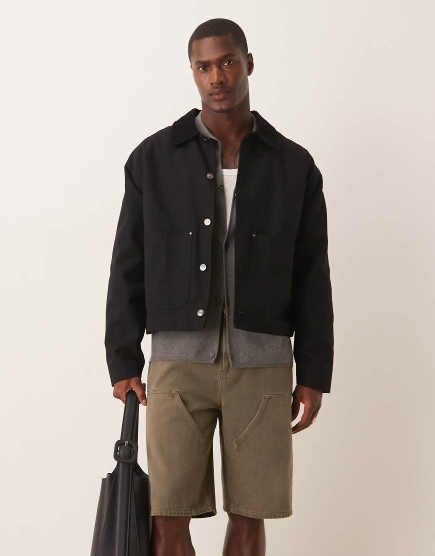 ASOS DESIGN - Harrington-Jacke in verwaschenem Schwarz mit Cordkragen und Oversize-Schnitt ASOS DESIGN - Harrington-Jacke in verwaschenem Schwarz mit Cordkragen und Oversize-Schnitt von ASOS DESIGN
