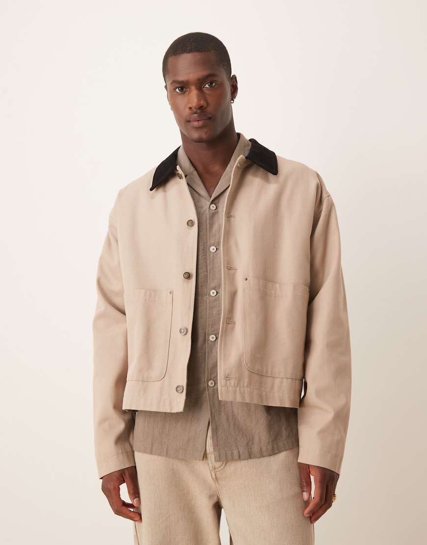 ASOS DESIGN - Harrington-Jacke in verwaschenem Steinbeige mit Cordkragen und Oversize-Schnitt-Neutral ASOS DESIGN - Harrington-Jacke in verwaschenem Steinbeige mit Cordkragen und Oversize-Schnitt-Neutral von ASOS DESIGN