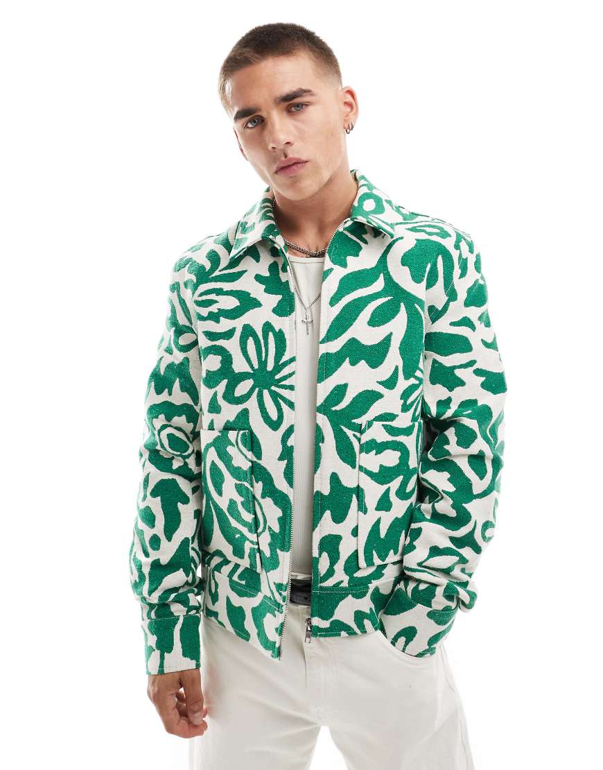 ASOS DESIGN - Harrington-Jacke mit Jacquard-Blumenmuster in Grün von ASOS DESIGN