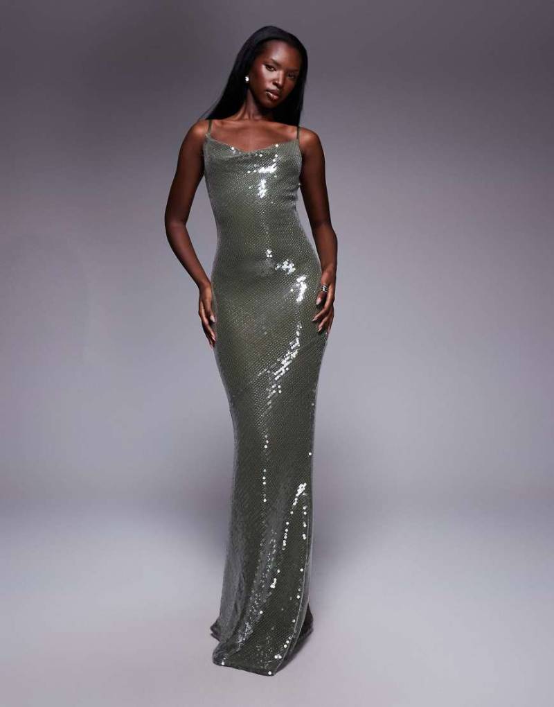 ASOS DESIGN - Hauchdünnes Pailletten-Maxikleid in Khaki mit Wasserfallausschnitt und Riemchen-Rückseite-Grün von ASOS DESIGN