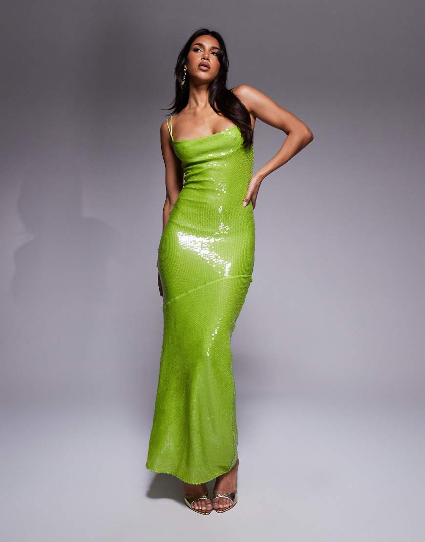 ASOS DESIGN - Hauchdünnes Pailletten-Maxikleid in Limettengrün mit Wasserfallausschnitt und Riemchen-Rückseite-Neutral ASOS DESIGN - Hauchdünnes Pailletten-Maxikleid in Limettengrün mit Wasserfallausschnitt und Riemchen-Rückseite-Neutral von ASOS DESIGN
