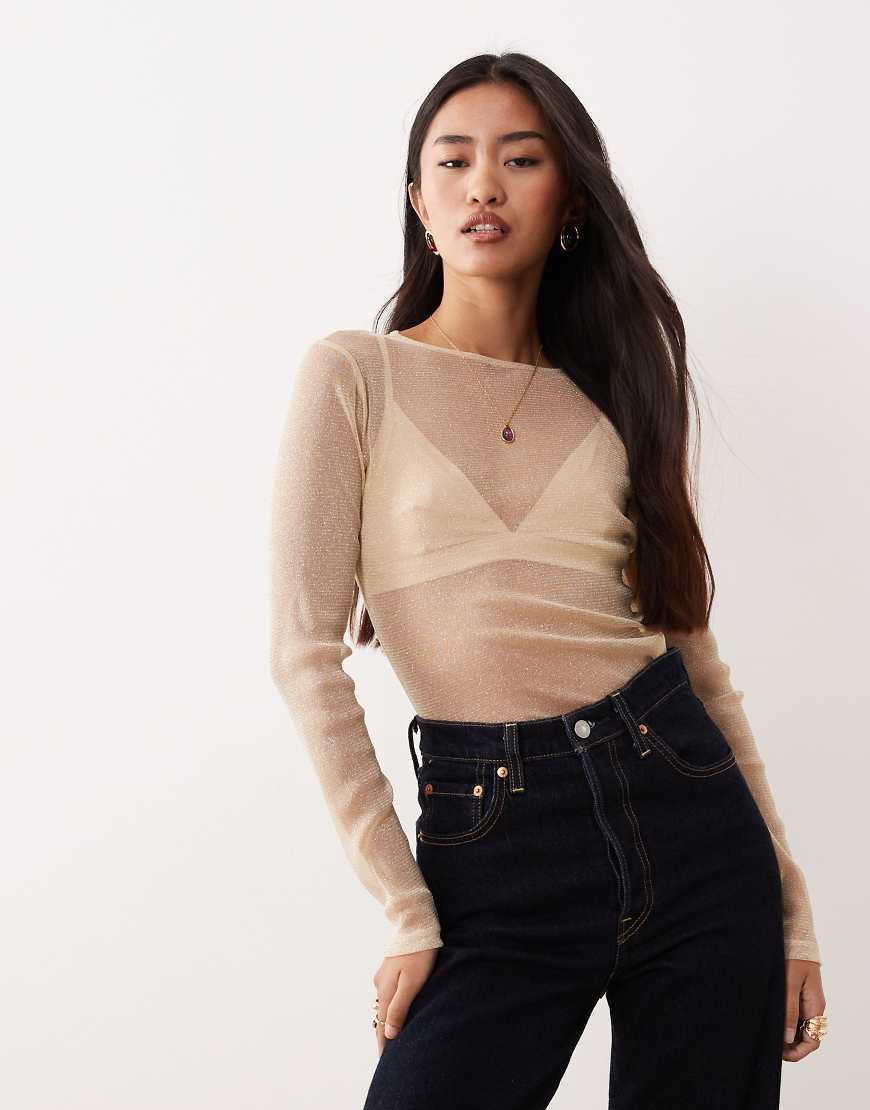 ASOS DESIGN - Hautenges, transparentes Oberteil in Metallic-Gold mit Rundhalsausschnitt-Goldfarben von ASOS DESIGN