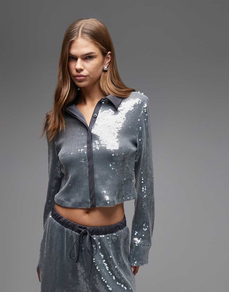 ASOS DESIGN - Hemdbluse in Grau mit Glaspailletten und Kontrastkragen, Kombiteil von ASOS DESIGN