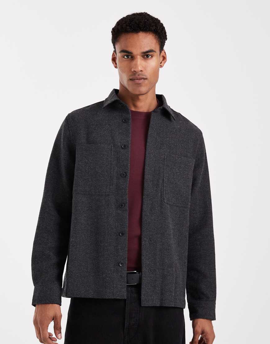 ASOS DESIGN - Hemdjacke in Grau mit Fischgrätmuster von ASOS DESIGN