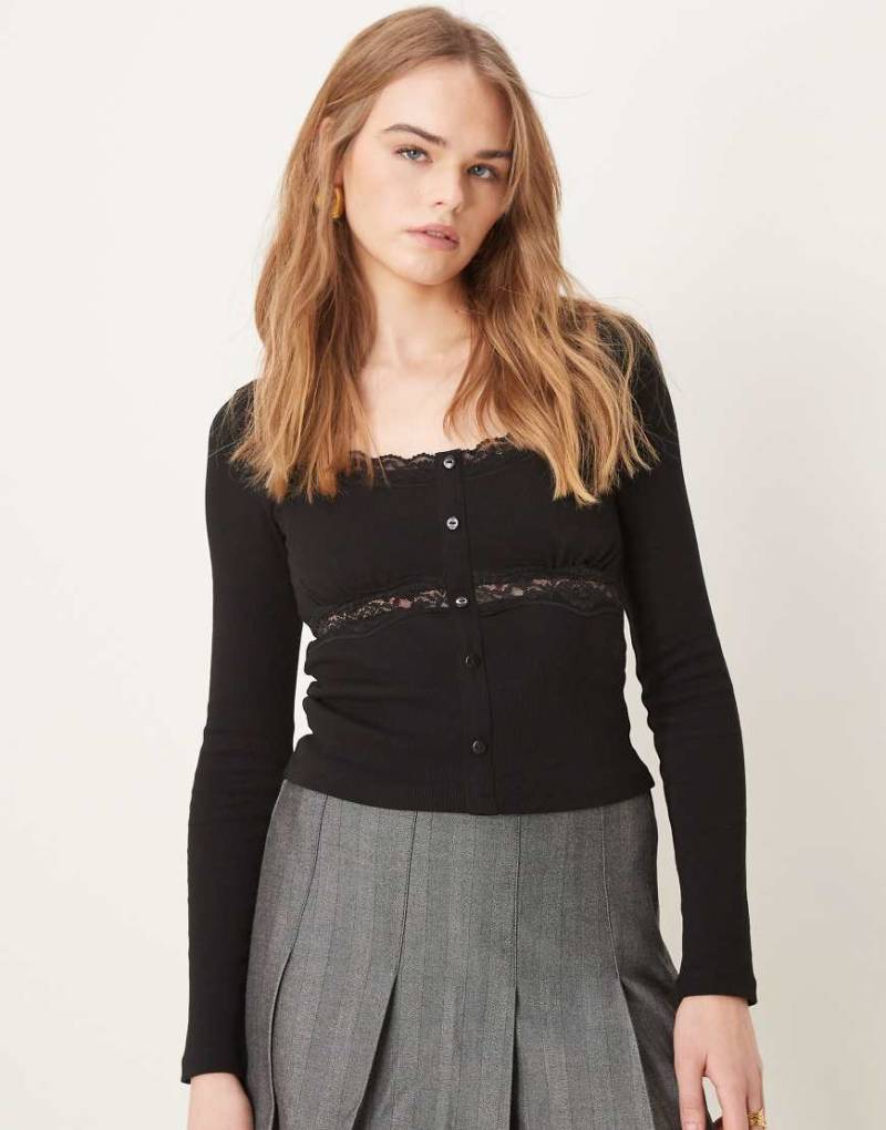 ASOS DESIGN - Henley-Oberteil in Schwarz mit Spitzenverzierung-Grau von ASOS DESIGN