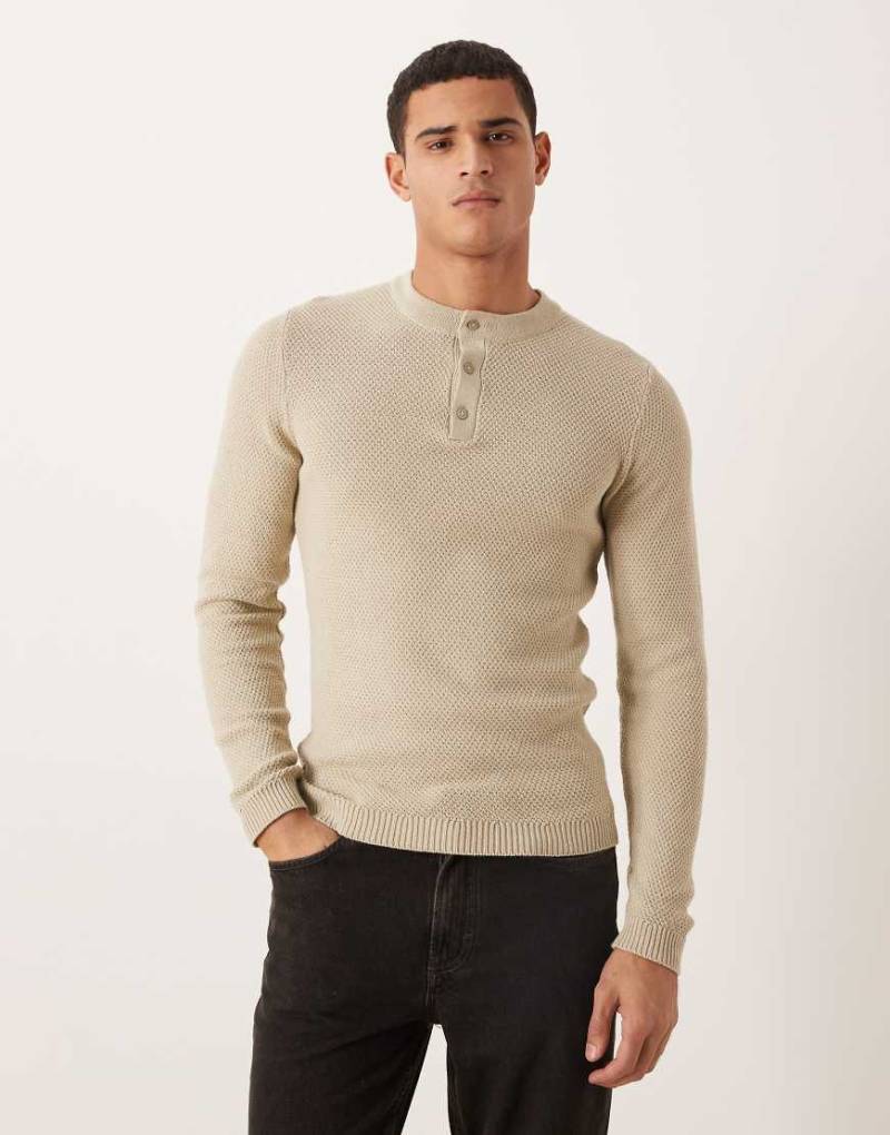 ASOS DESIGN - Henley-Pullover aus Strick in Creme mit körperbetontem Schnitt-Neutral ASOS DESIGN - Henley-Pullover aus Strick in Creme mit körperbetontem Schnitt-Neutral von ASOS DESIGN