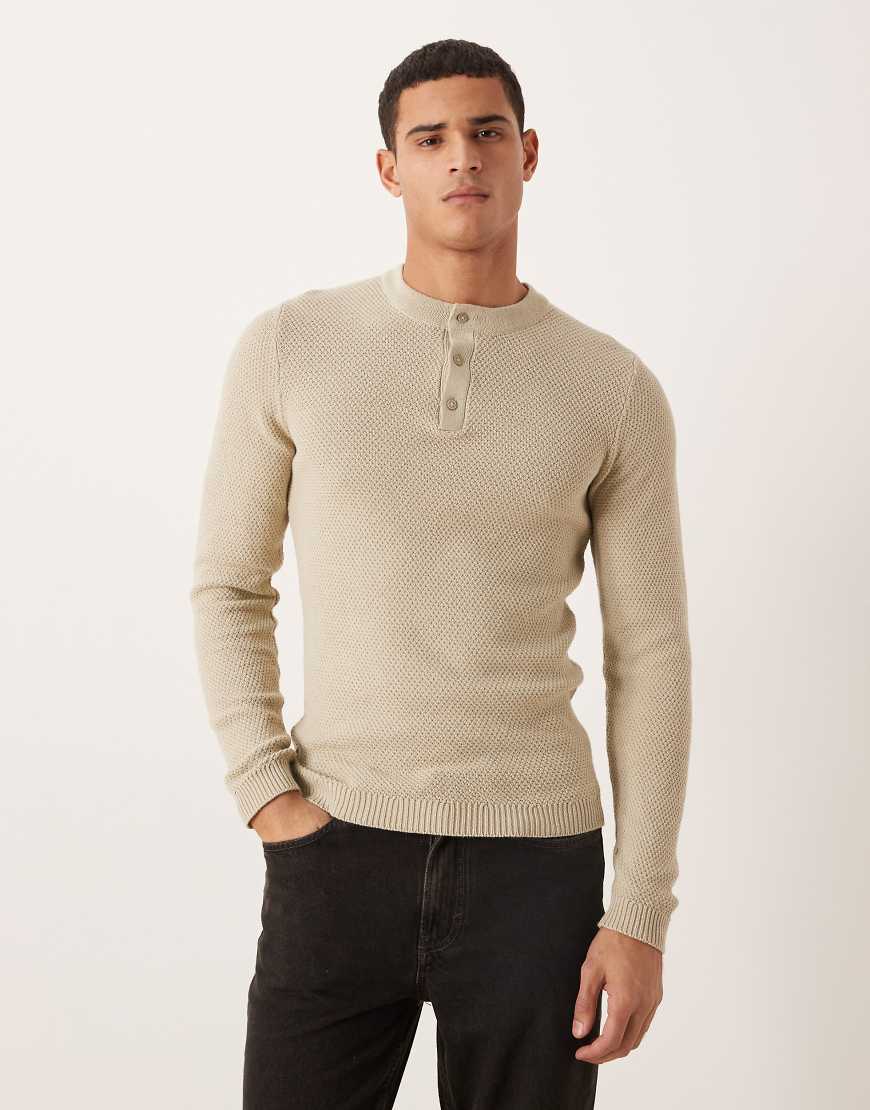 ASOS DESIGN - Henley-Pullover aus Strick in Creme mit körperbetontem Schnitt-Neutral von ASOS DESIGN