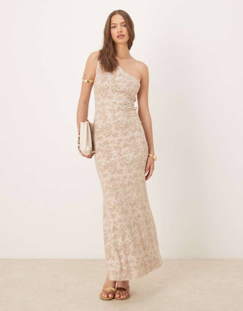ASOS DESIGN - Hinten gebundenes Maxikleid aus leichtem Samt in Steinbeige mit Ausbrennermuster und One-Shoulder-Träger-Neutral von ASOS DESIGN