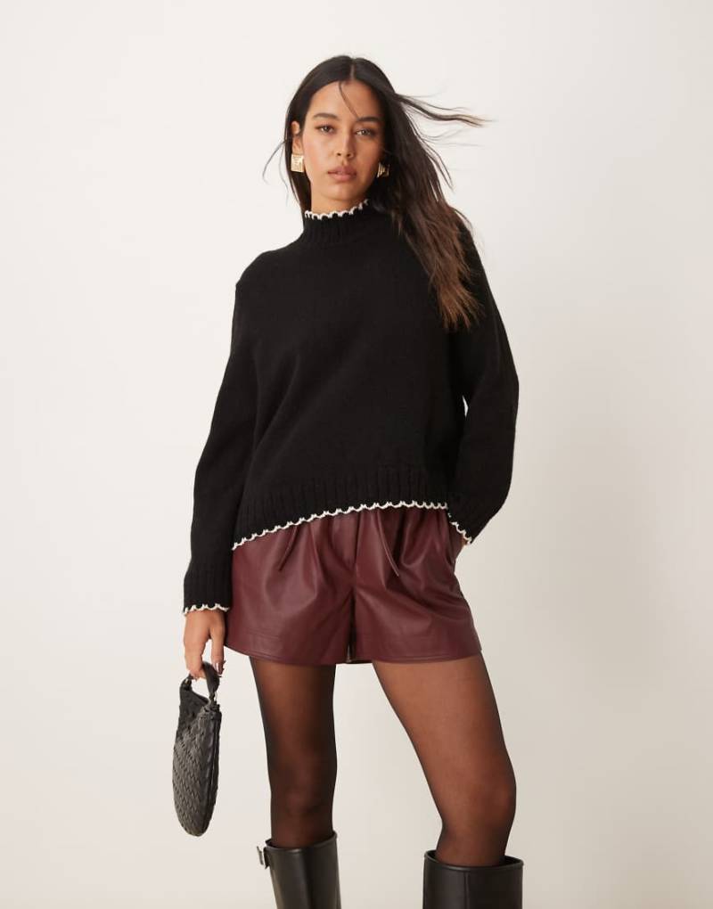 ASOS DESIGN - Hochgeschlossener Pullover in Schwarz mit Langettenstich von ASOS DESIGN